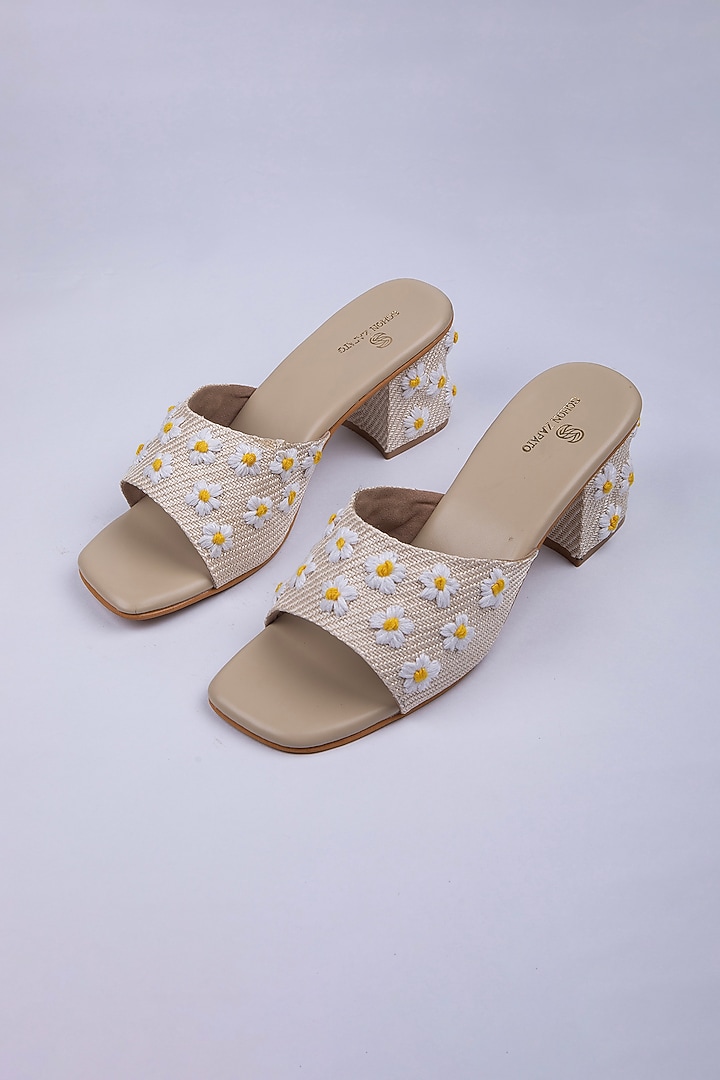 Beige Jute Hand Embroidered Slider heels by Schon Zapato at Pernia's Pop Up Shop