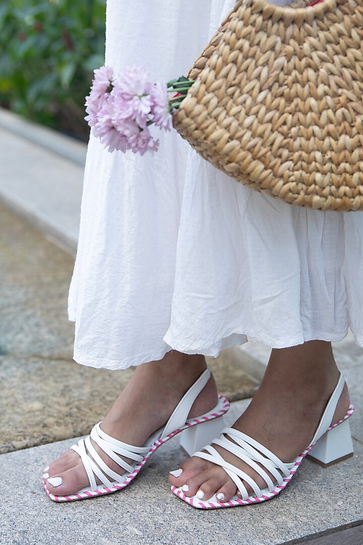 White PU Leather Embroidered Heels by Schon Zapato at Pernia's Pop Up Shop