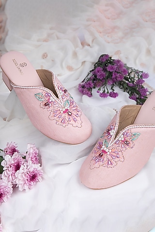 Pink Raw Silk Threadwork Mules by Schon Zapato
