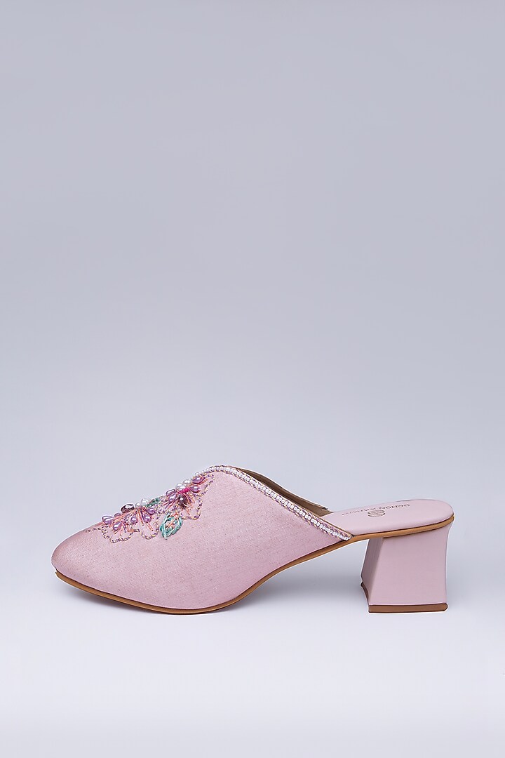 Pink Raw Silk Threadwork Mules by Schon Zapato at Pernia's Pop Up Shop