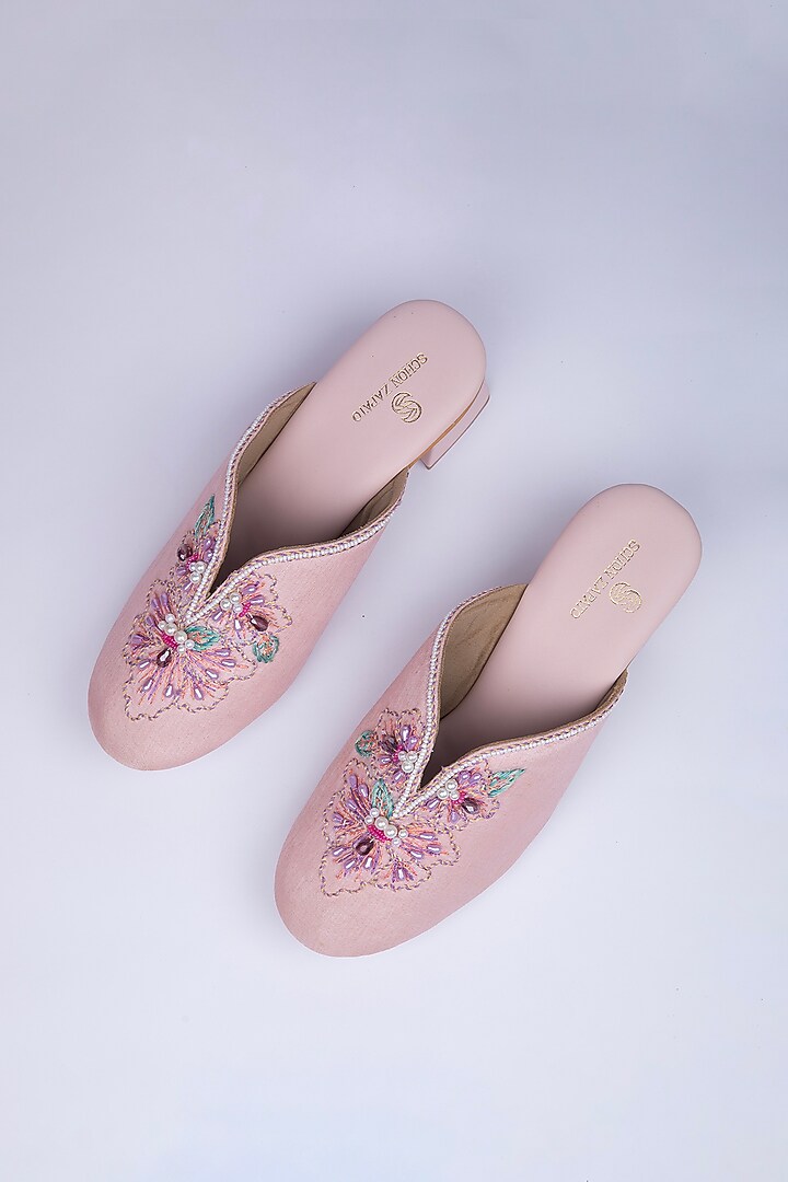 Pink Raw Silk Threadwork Mules by Schon Zapato at Pernia's Pop Up Shop