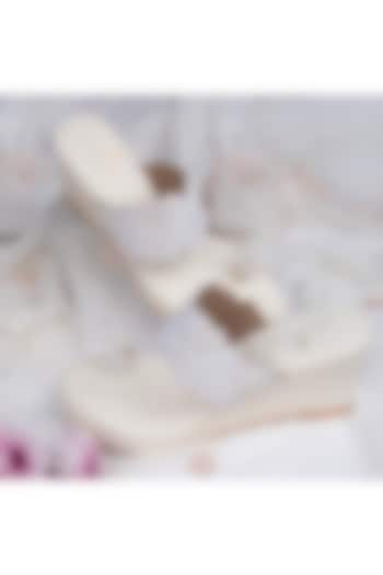 Ivory Satin Cutdana & French Knot Work Kolhapuri Wedges by Schon Zapato at Pernia's Pop Up Shop