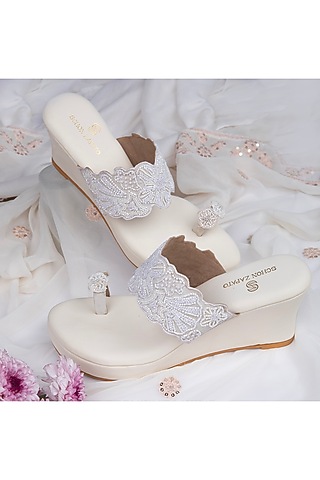Ivory Satin Cutdana & French Knot Work Kolhapuri Wedges by Schon Zapato