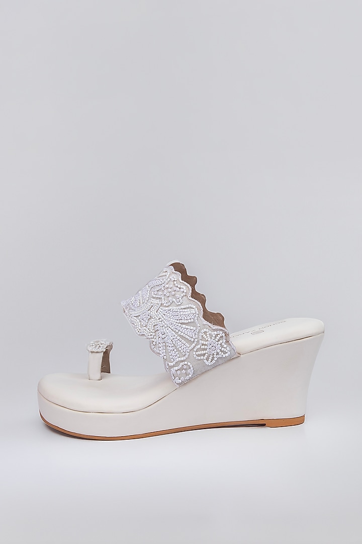 Ivory Satin Cutdana & French Knot Work Kolhapuri Wedges by Schon Zapato at Pernia's Pop Up Shop