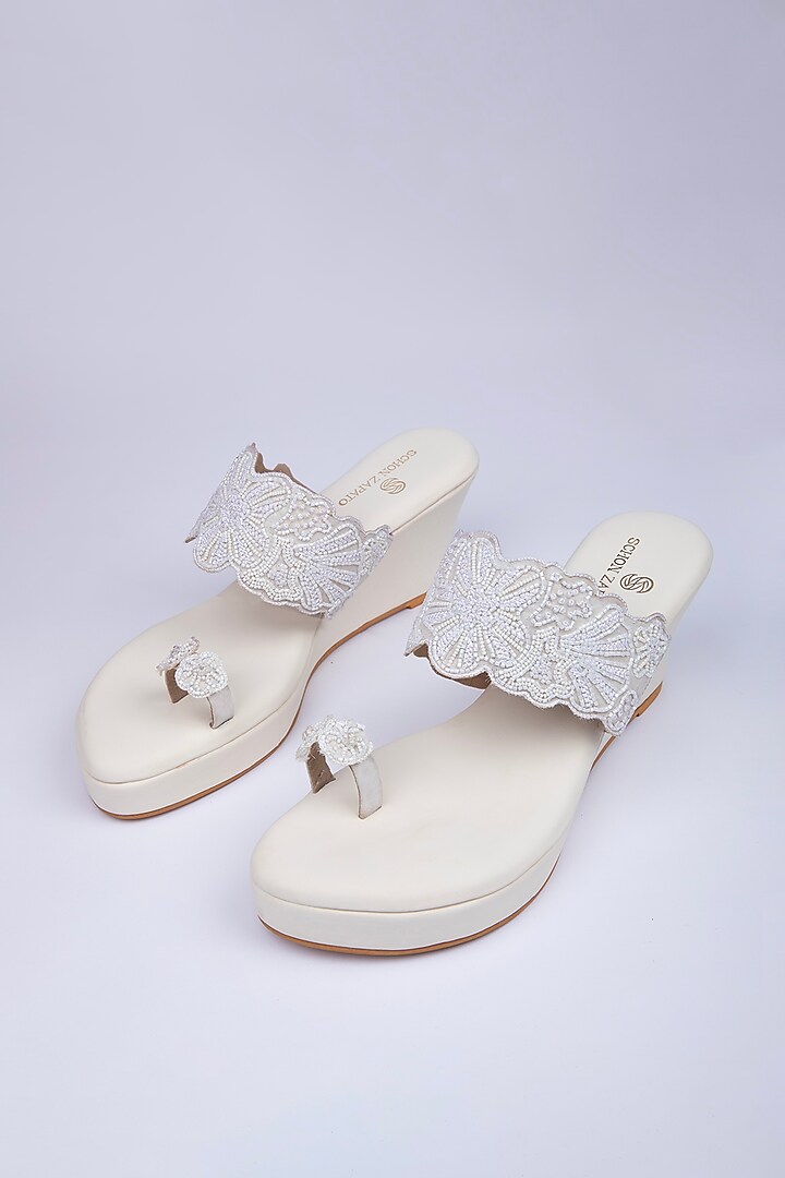 Ivory Satin Cutdana & French Knot Work Kolhapuri Wedges by Schon Zapato at Pernia's Pop Up Shop