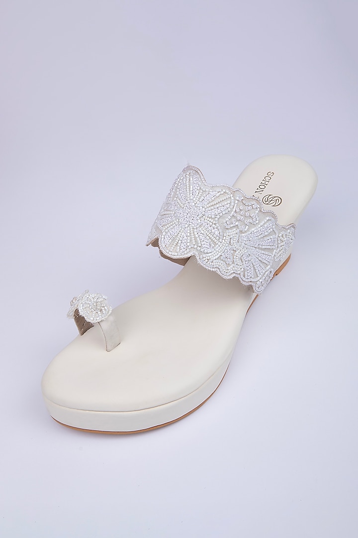 Ivory Satin Cutdana & French Knot Work Kolhapuri Wedges by Schon Zapato at Pernia's Pop Up Shop