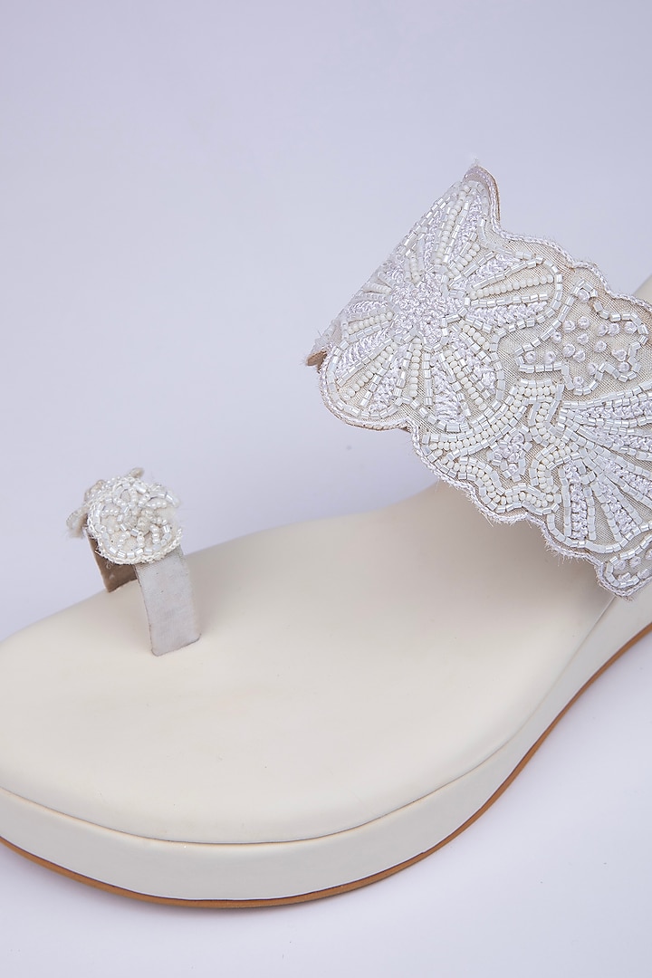 Ivory Satin Cutdana & French Knot Work Kolhapuri Wedges by Schon Zapato at Pernia's Pop Up Shop