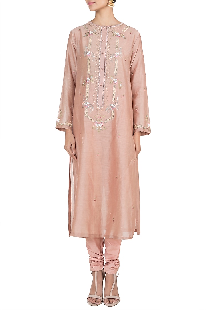 Light Brown Embroidered Kurta With Churidar Pants by Samant Chauhan at Pernia's Pop Up Shop