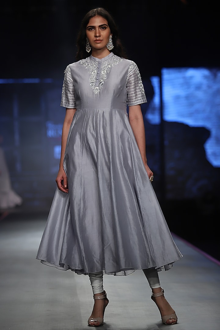 Powder Blue Embroidered High Neck Dress by Samant Chauhan