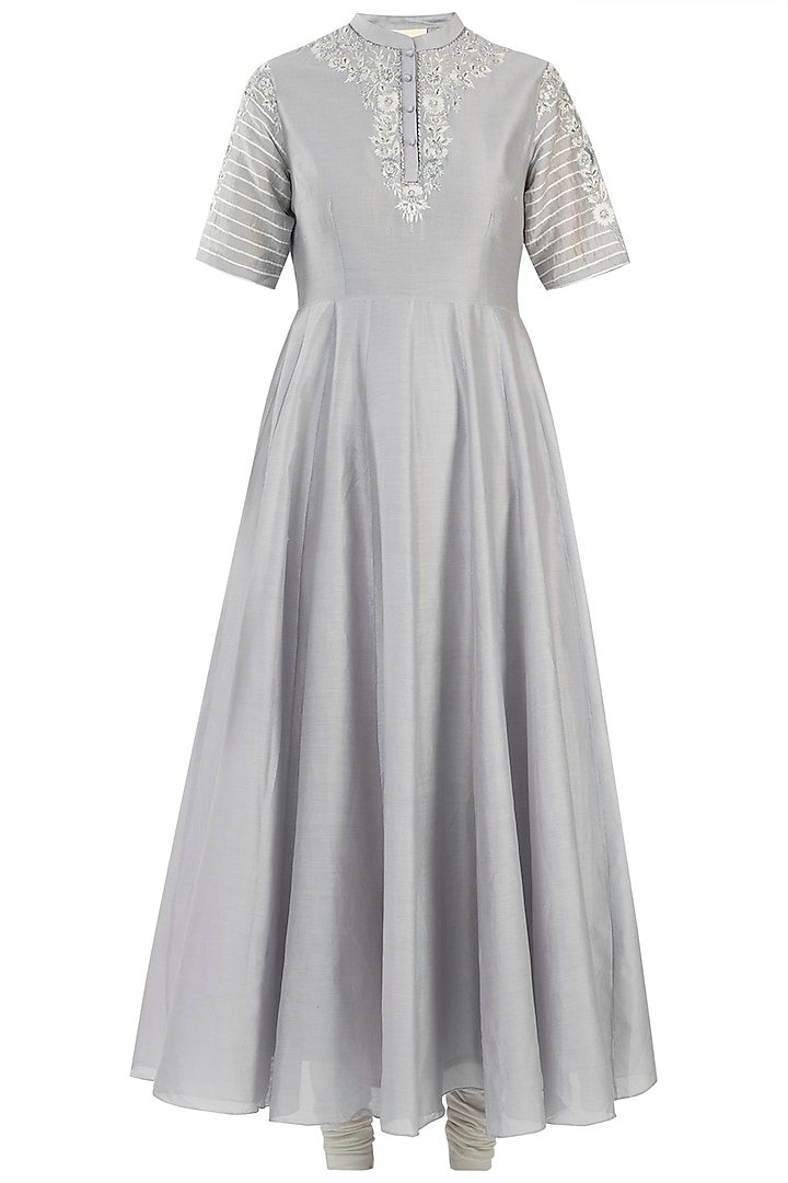Powder Blue Embroidered High Neck Vacation Dress by Samant Chauhan at Pernia's Pop Up Shop