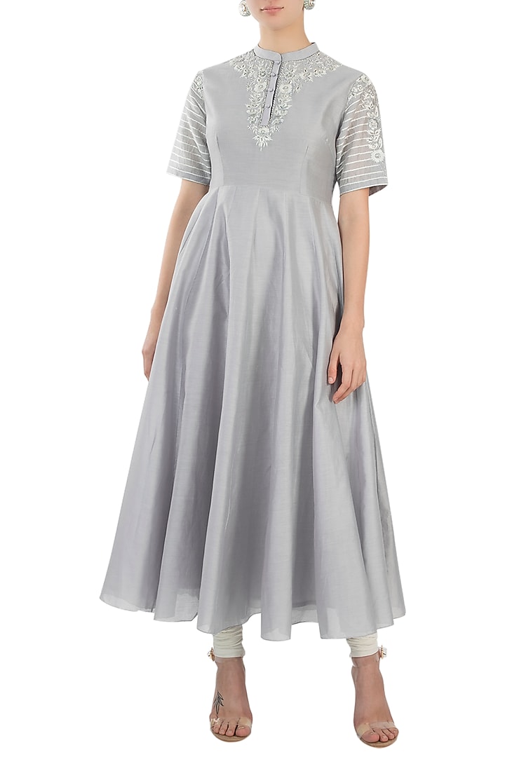 Powder Blue Embroidered High Neck Vacation Dress by Samant Chauhan at Pernia's Pop Up Shop