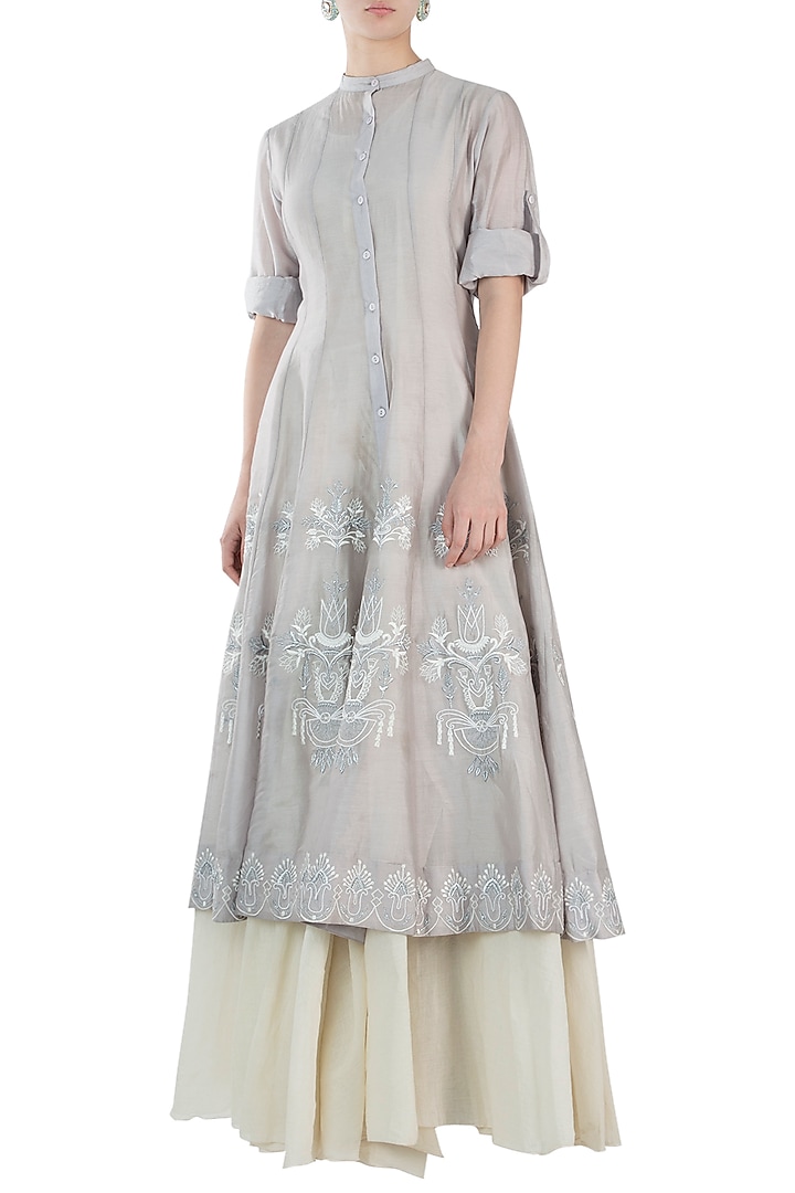 Grey Embroidered Vacation Dress With Off White Maxi Inner Vacation Dress by Samant Chauhan at Pernia's Pop Up Shop