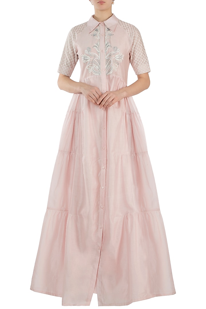 Pink Embroidered Tier Vacation Dress by Samant Chauhan at Pernia's Pop Up Shop