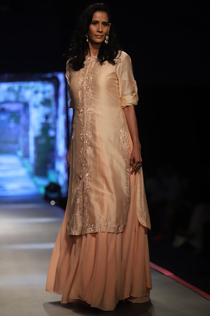 Peach Embroidered Kurta With Inner Dress by Samant Chauhan