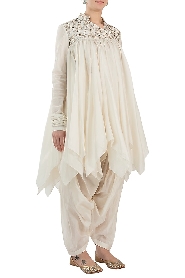 Off White Embroidery High Low Mini Vacation Dress by Samant Chauhan at Pernia's Pop Up Shop