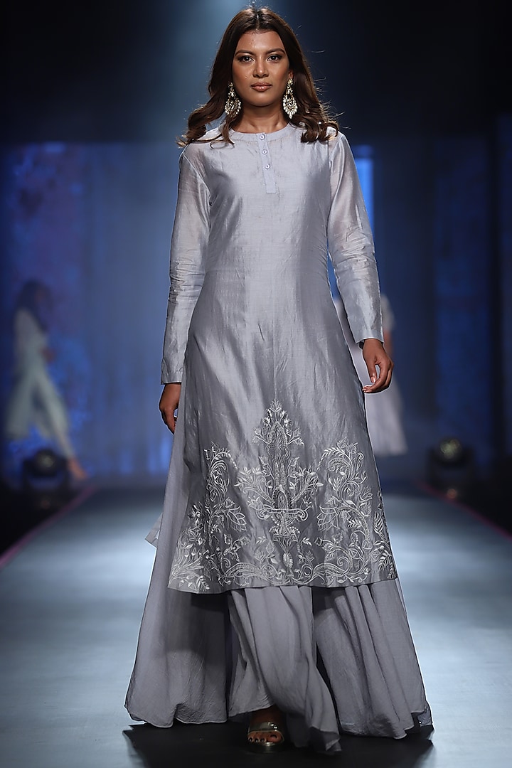 Powder Blue Embroidered Kurta With Inner Dress by Samant Chauhan