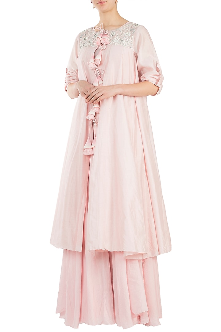 Pink Embroidered Kurta With Maxi Inner Cocktail Dress by Samant Chauhan at Pernia's Pop Up Shop