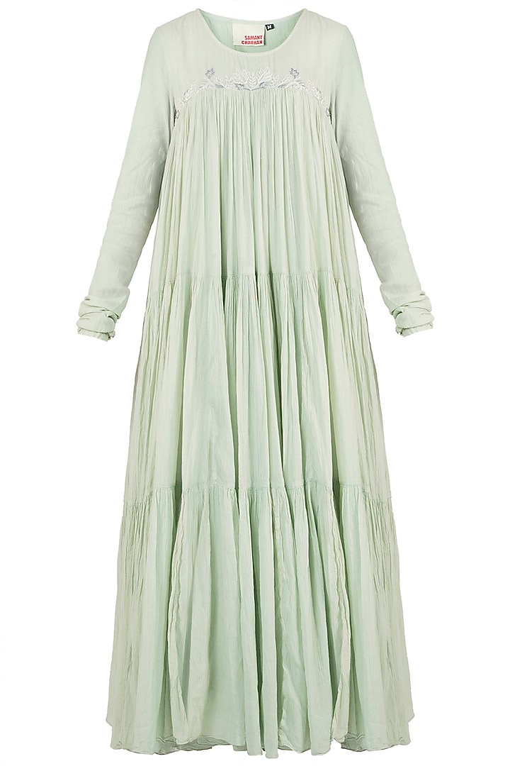 Mint Green Embroidered Tier Vacation Dress by Samant Chauhan at Pernia's Pop Up Shop