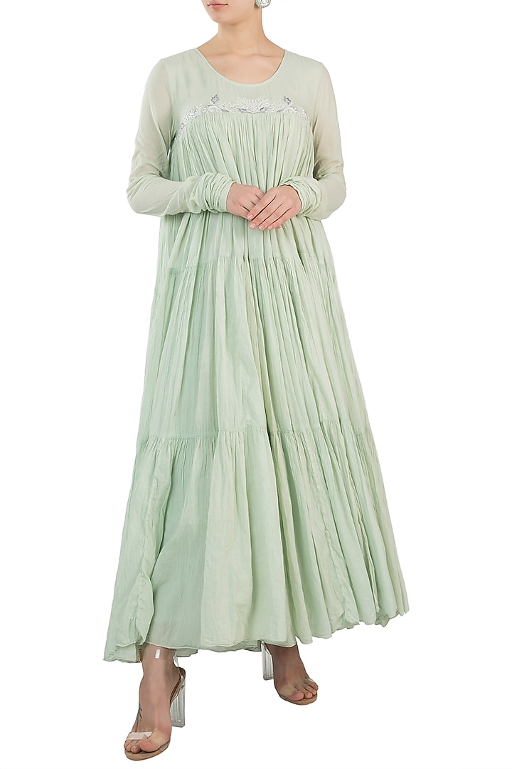 Mint Green Embroidered Tier Vacation Dress by Samant Chauhan at Pernia's Pop Up Shop