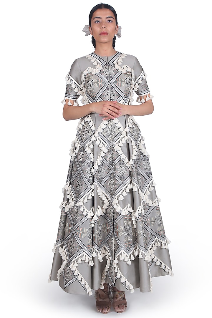 Grey Embroidered Front Open Gown by Samant Chauhan