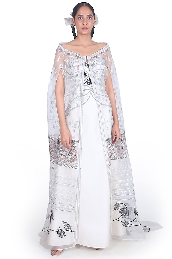 White Off Shoulder Gown With Cape by Samant Chauhan