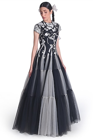 Black & Grey Net Layered Gown by Samant Chauhan