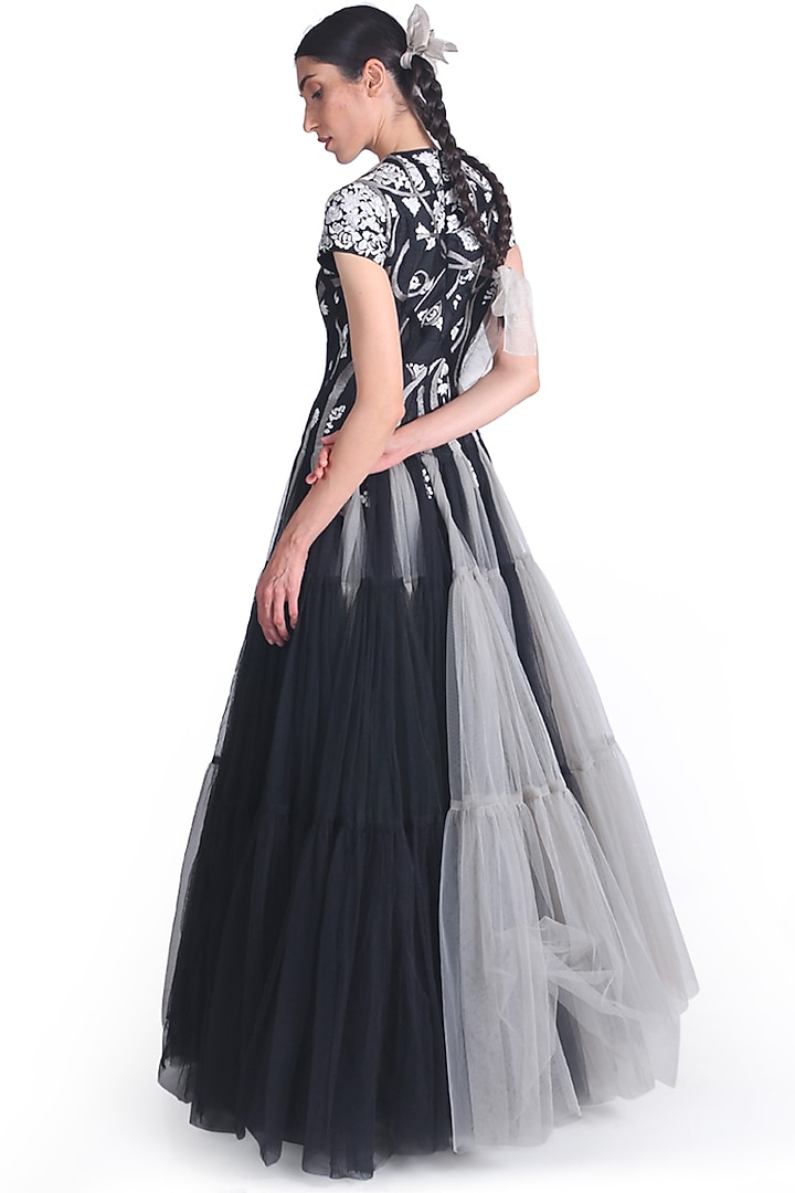 Black & Grey Net Layered Gown by Samant Chauhan at Pernia's Pop Up Shop