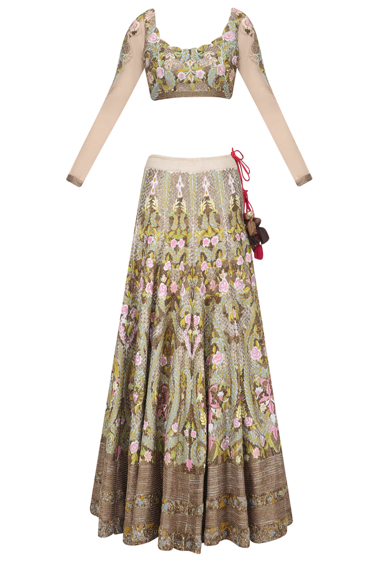 Light green and pink sequins and bead embroidered lehenga set available only at Pernia's Pop Up Shop.