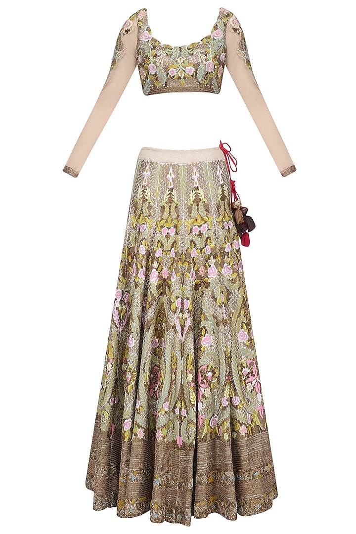 Light green and pink sequins and bead embroidered lehenga set available only at Pernia's Pop Up Shop.