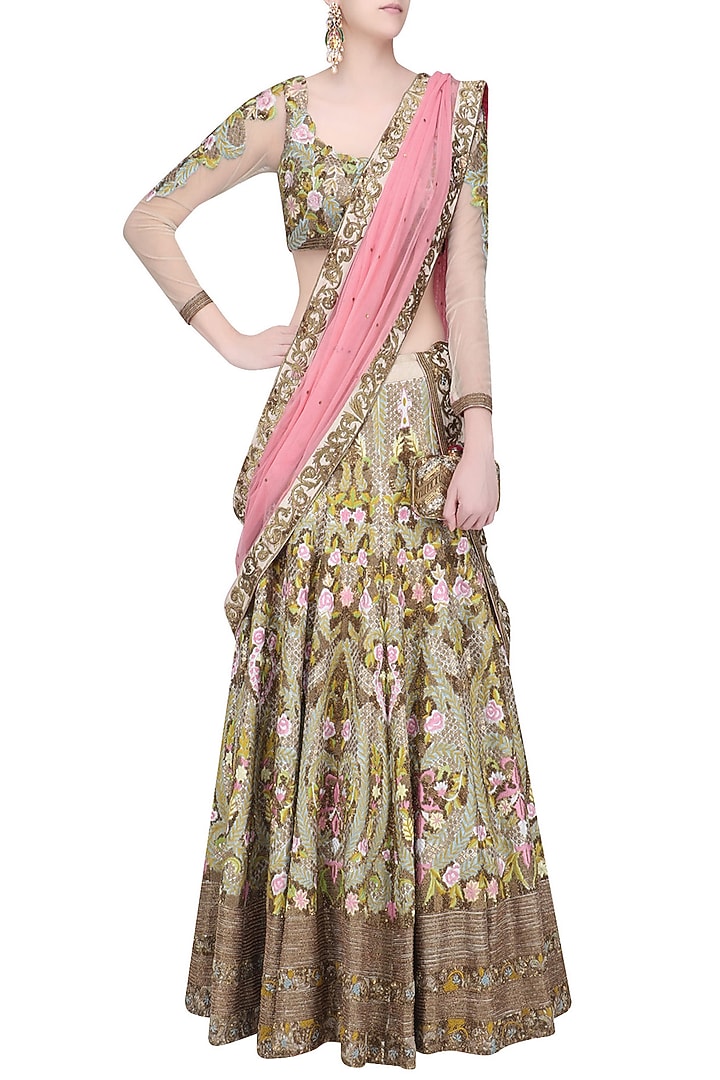 Light green and pink sequins and bead embroidered lehenga set available only at Pernia's Pop Up Shop.