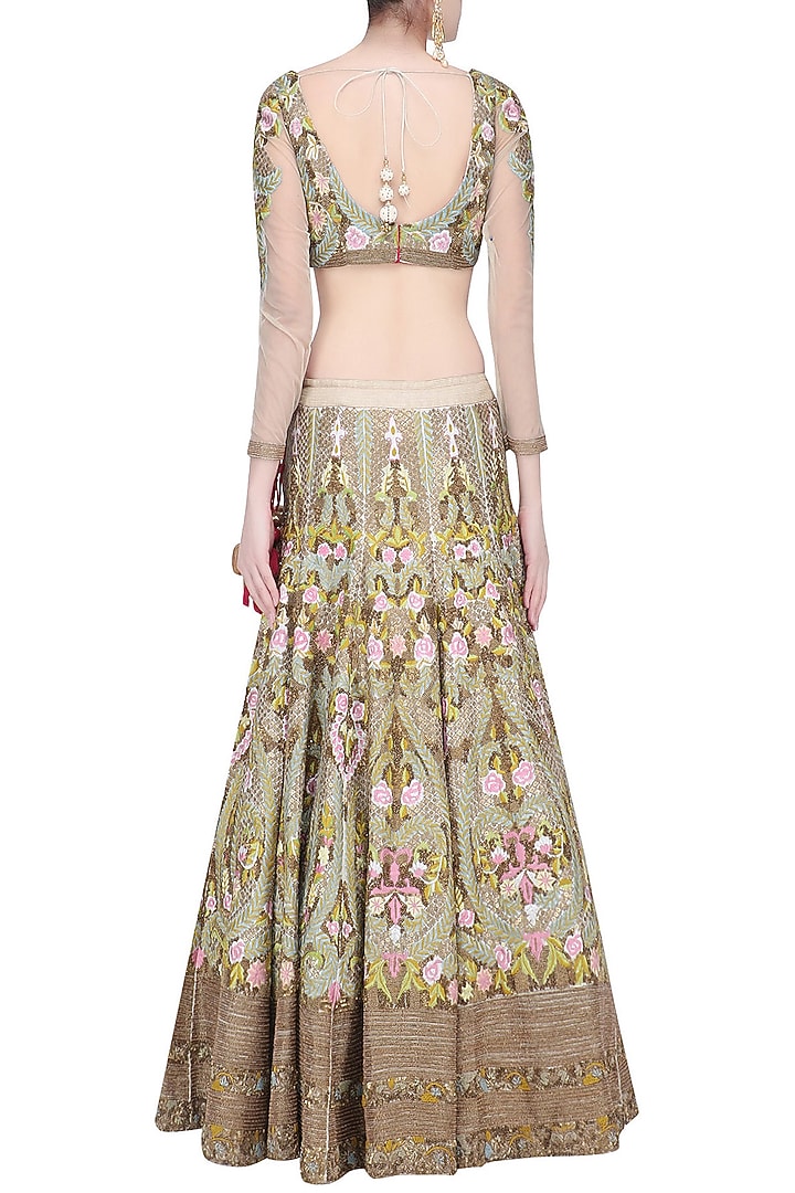 Light green and pink sequins and bead embroidered lehenga set available only at Pernia's Pop Up Shop.