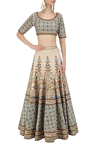 Sea Green Embroidered Lehenga and Blouse Set by Samant Chauhan