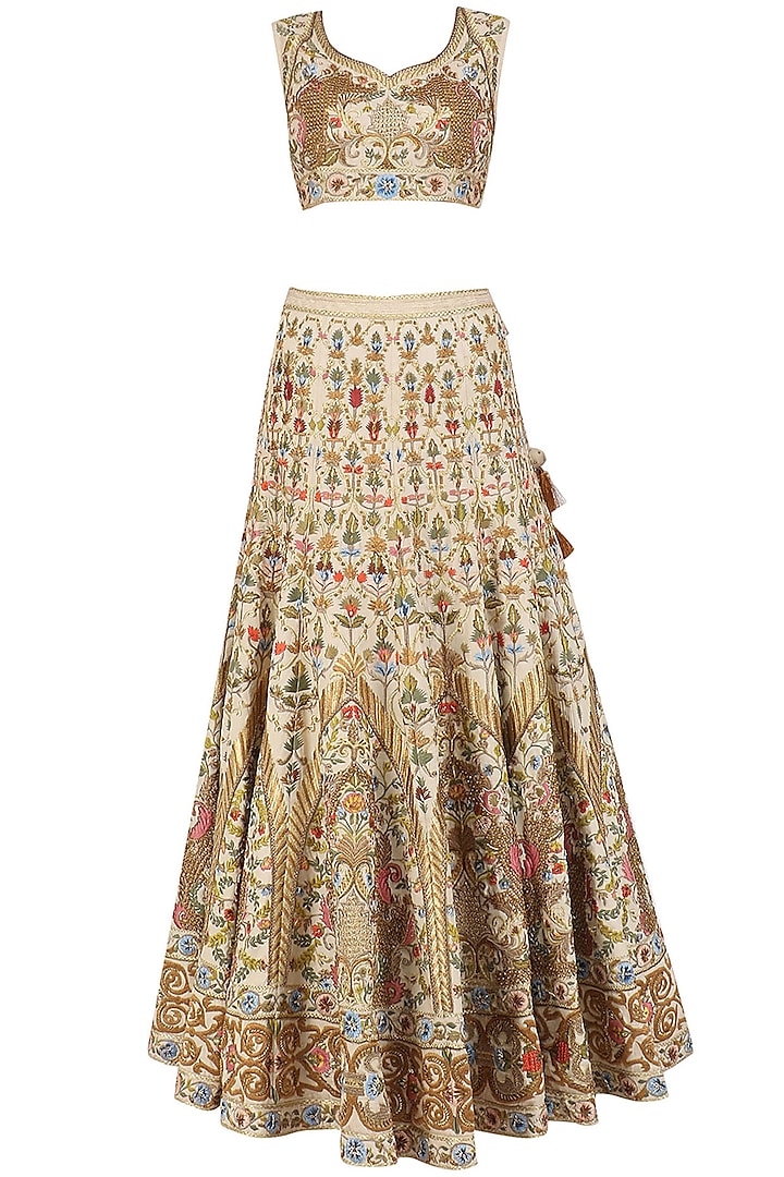 Ivory and Gold Embroidered Lehenga and Blouse Set by Samant Chauhan