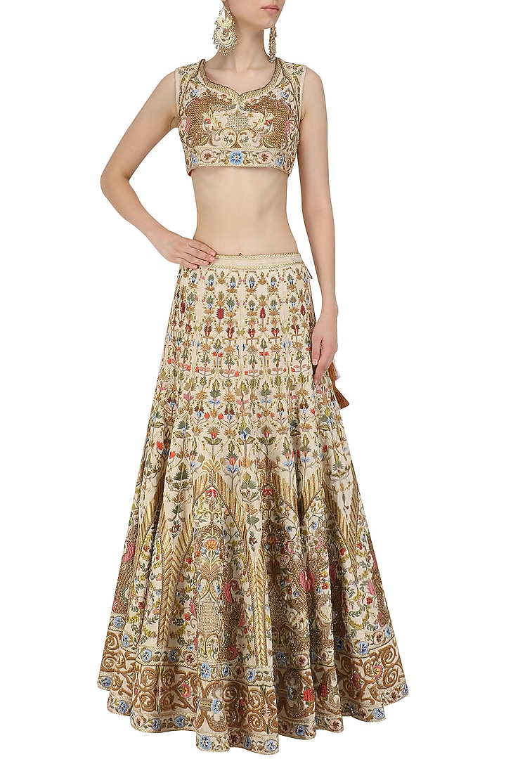 Ivory aand gold embroidered lehenga and blouse set available only at Pernia's Pop Up Shop.