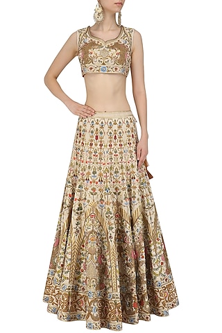 Ivory and Gold Embroidered Lehenga and Blouse Set by Samant Chauhan