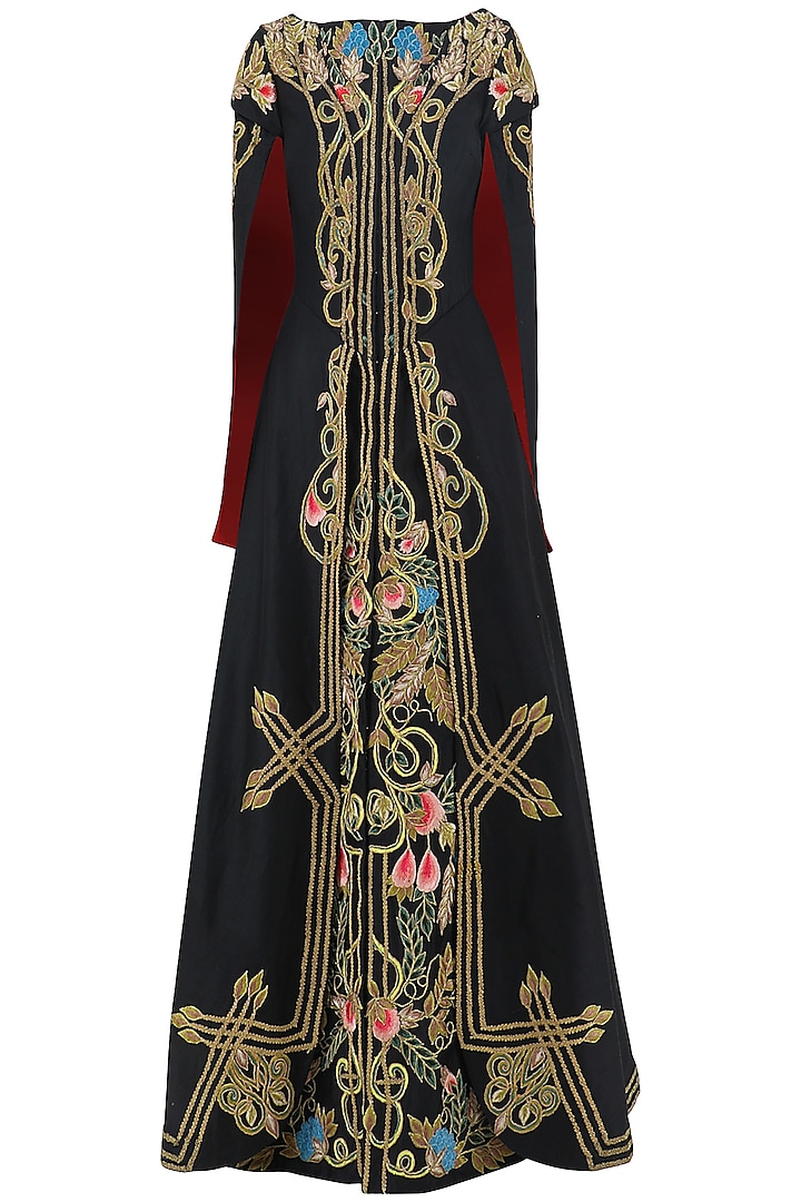 Black Embroidered Front Open Gown by Samant Chauhan