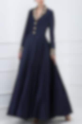 Navy Blue Embroidered Front Open Gown by Samant Chauhan