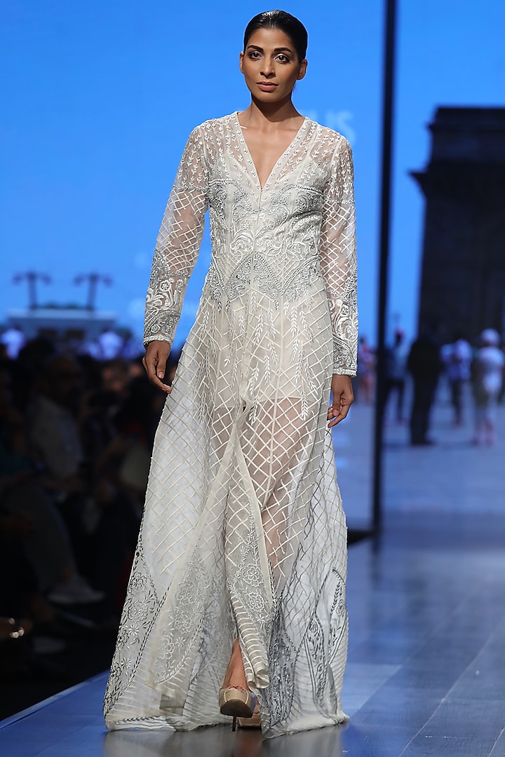 Off White Embroidered Gown With Inner by Samant Chauhan