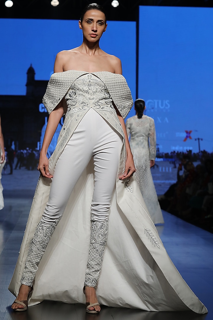 Off White Off-Shoulder Jacket With Pants by Samant Chauhan