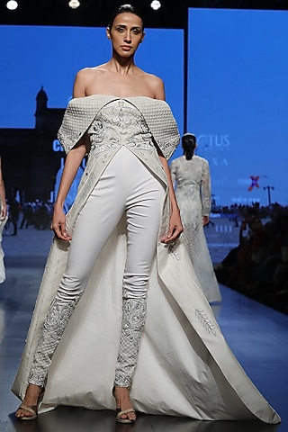 Off White Off-Shoulder Jacket With Pants by Samant Chauhan