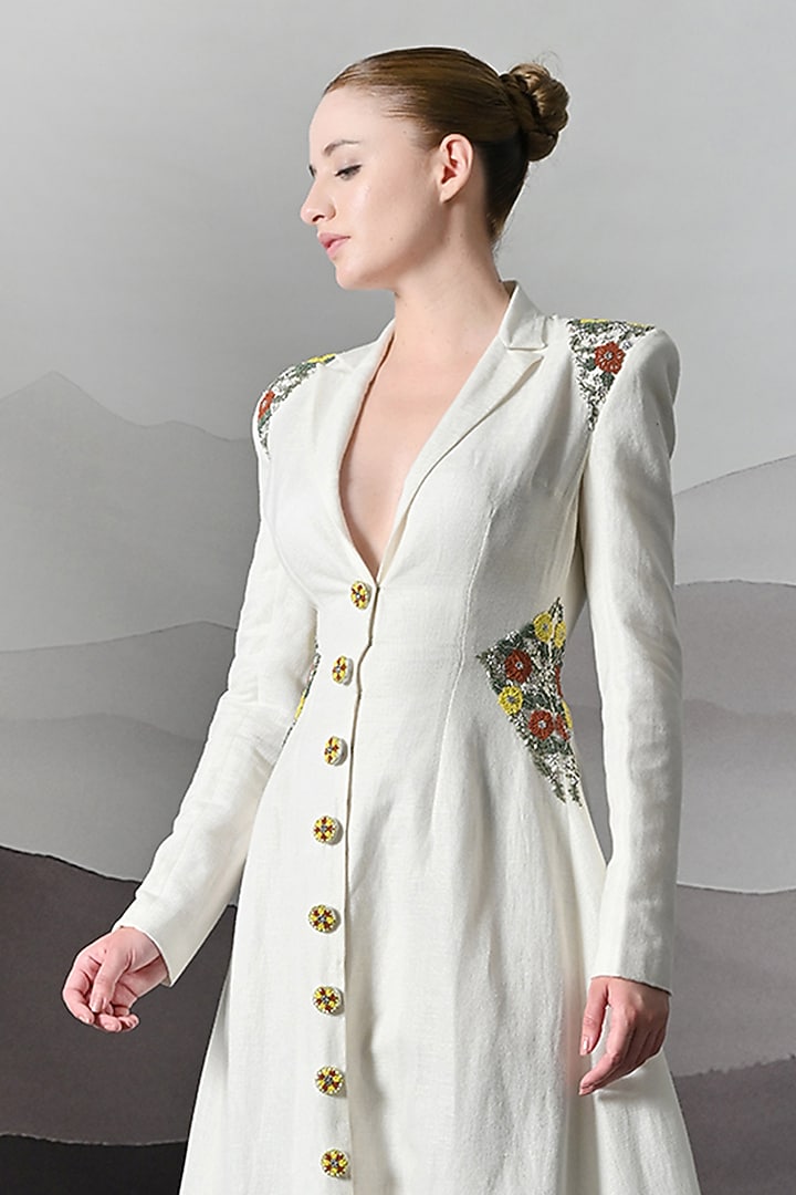 Ivory Linen Embroidered Maxi Party Wear Dress by Samant Chauhan at Pernia's Pop Up Shop