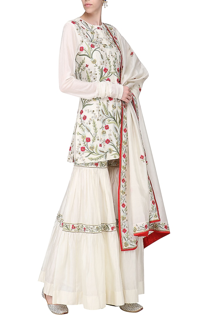 Off white embroidered kurta with sharara pants set available only at Pernia's Pop Up Shop.