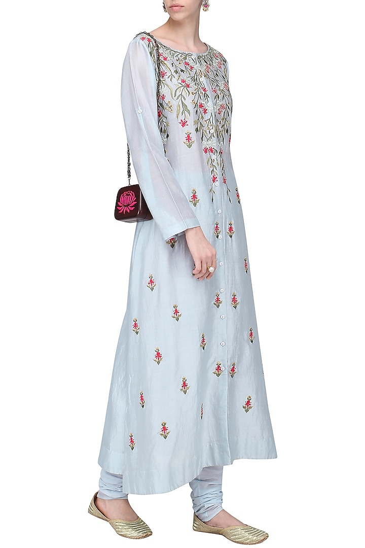 Prussian blue front open embroidered kurta available only at Pernia's Pop Up Shop.
