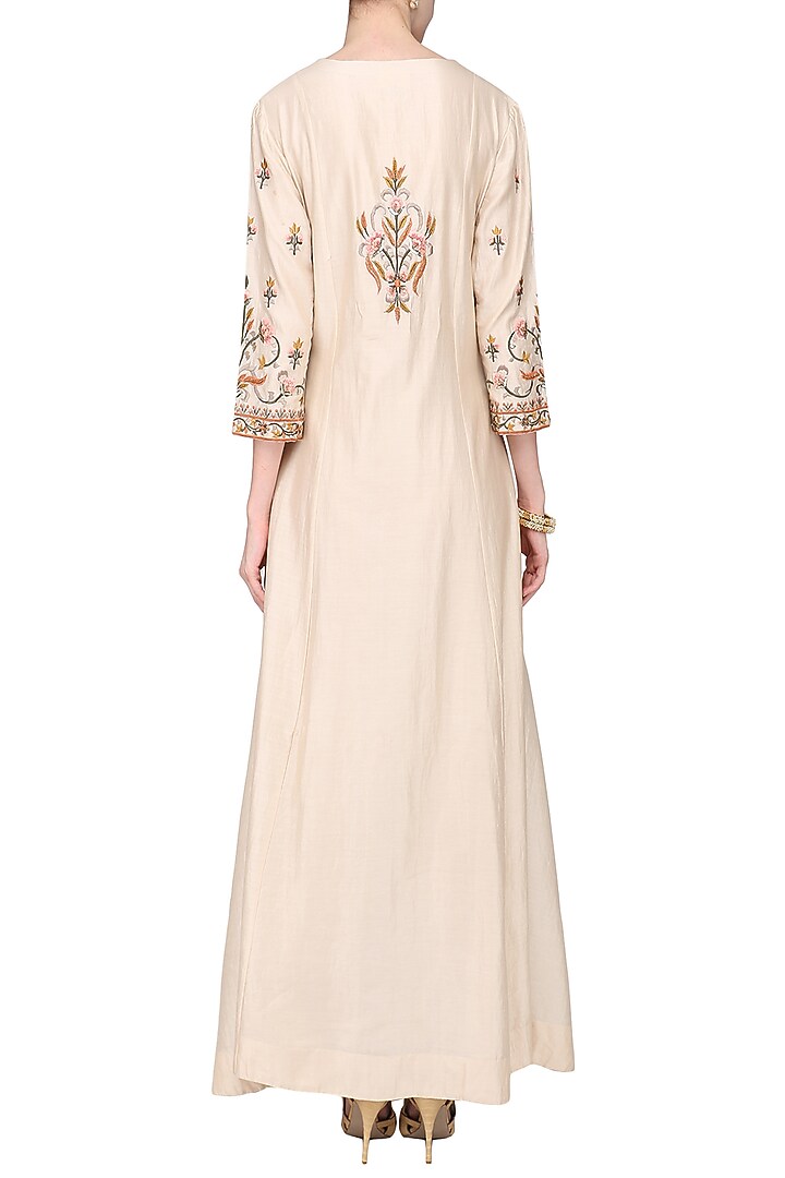 Cream Digital Printed Embroidered Chinnon Silk Anarkali Gown