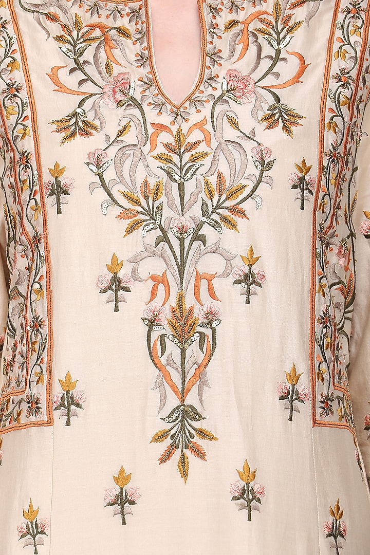 Graceful Cream Anarkali Floral Embroidered Gown Set With Pant & Dupatta