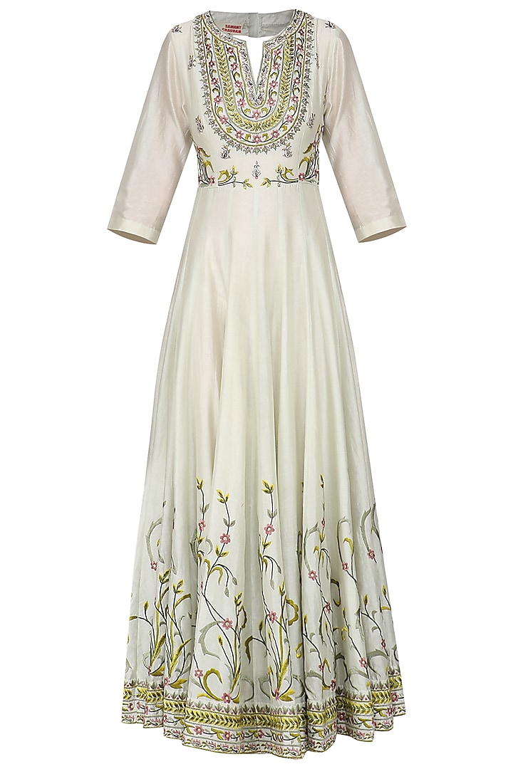 Off White and Sea Green Embroidered Anarkali Gown Set by Samant Chauhan