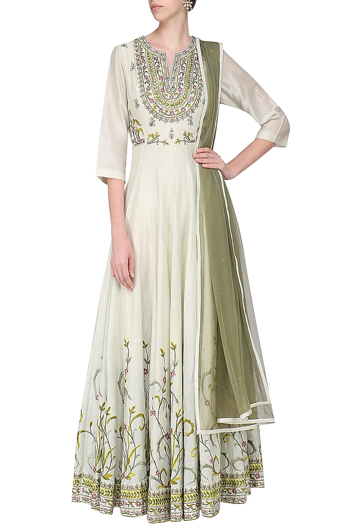 Off white and sea green embroidered anarkali gown set available only at Pernia's Pop Up Shop.