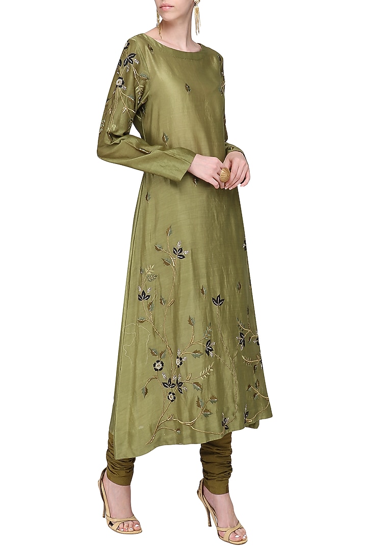 Olive green embroidered kurta with churidar pants available only at Pernia's Pop Up Shop.