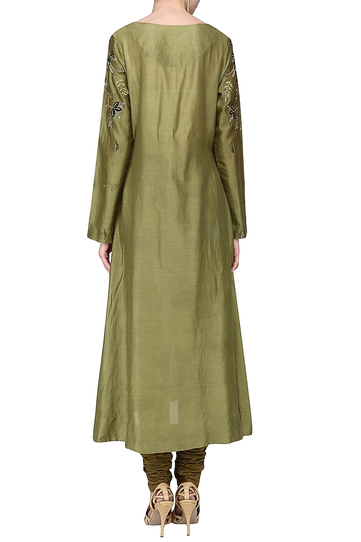 Olive green embroidered kurta with churidar pants available only at Pernia's Pop Up Shop.