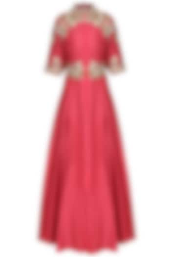 Carrot Red Embroidered Front Open Gown by Samant Chauhan